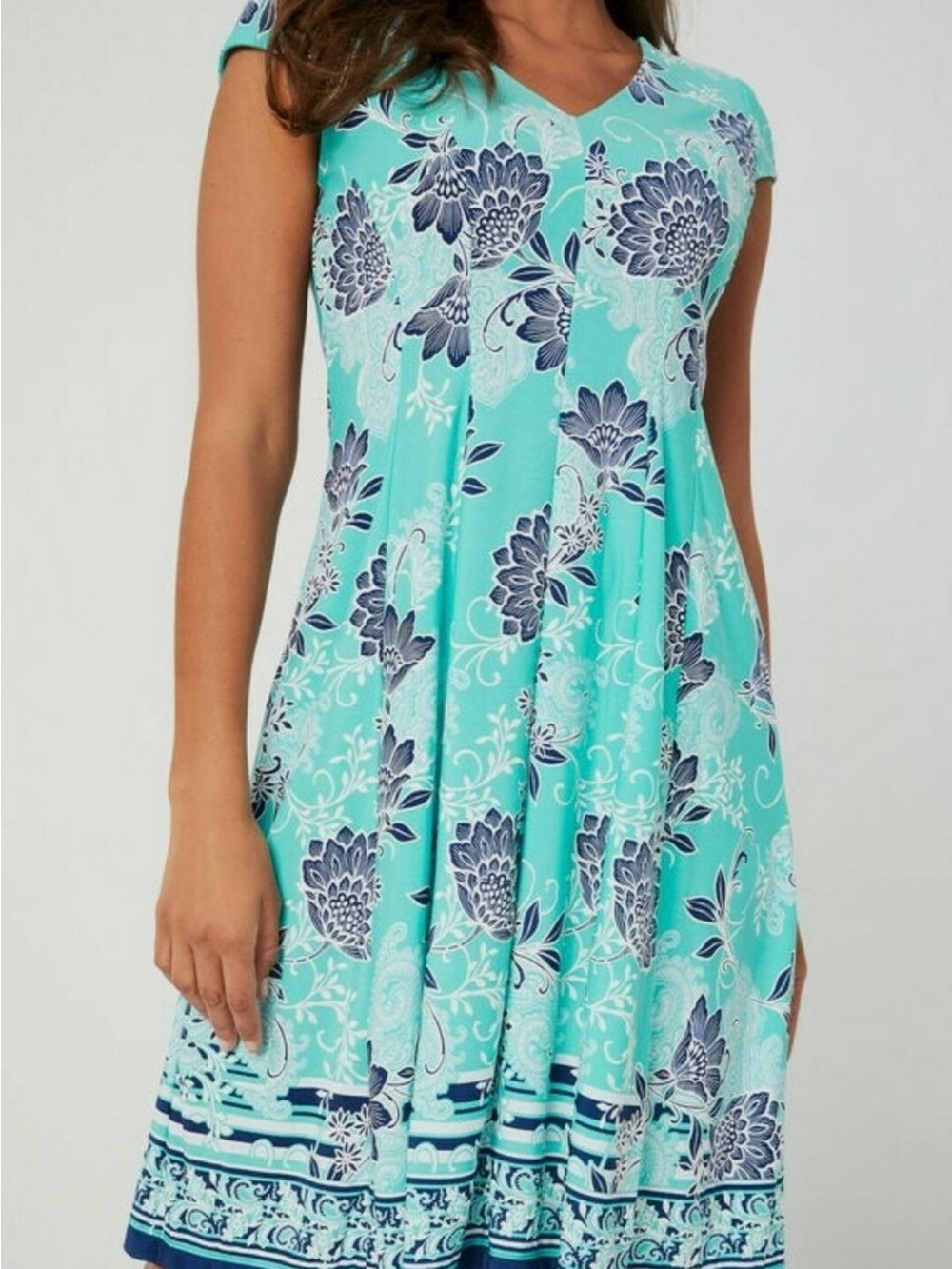 Sandra Darren Aqua & Navy Floral V-Neck Midi Dress - Picture 3 of 7